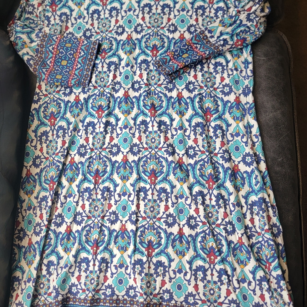 NWOT. Coolibar Blue, Teal & White Medallion Print Dress UV PROTECTION - Picture 2 of 4